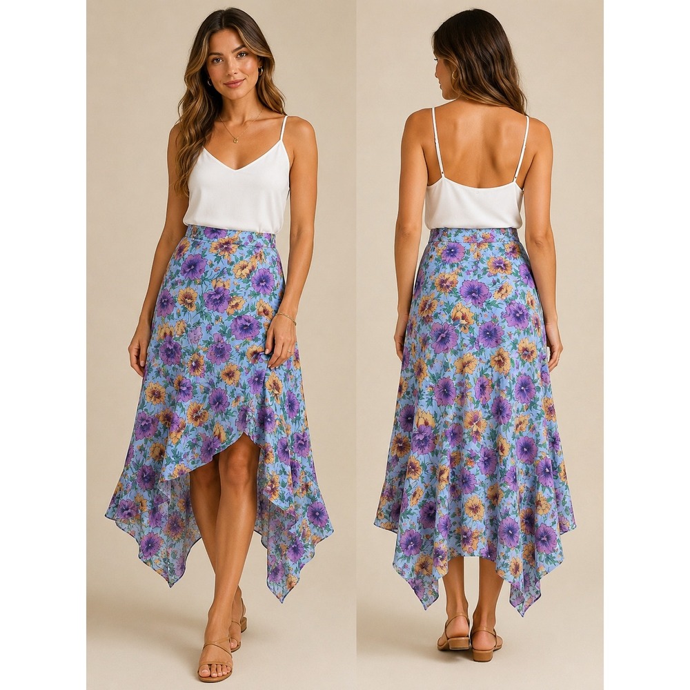 Veronica Beard Skirt Womens 4 Blue Floral Handkerchief Hem High Low Midi